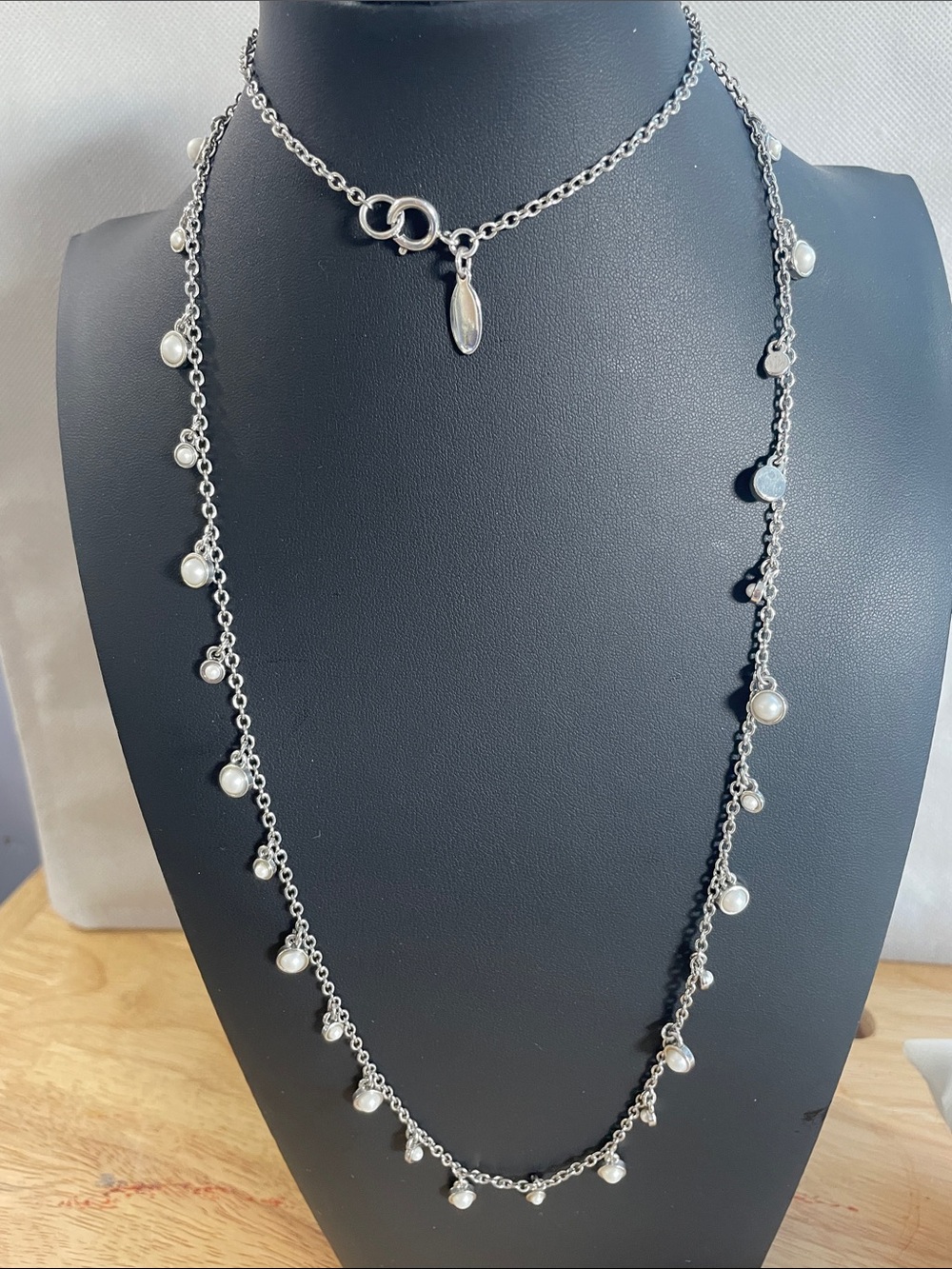 Ann Taylor Silver Pearl Station Long Necklace - Elegant Layering Piece 18” Drop